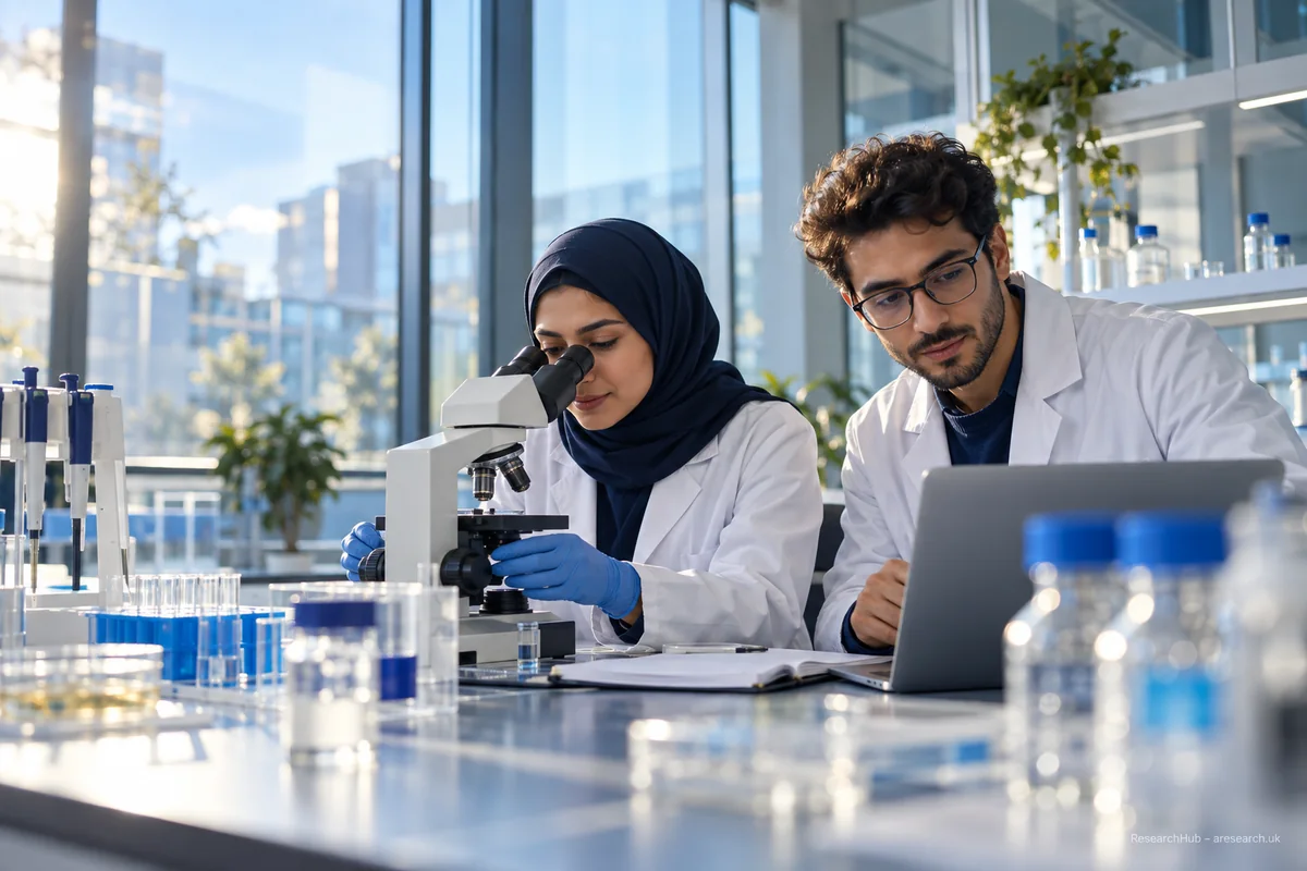 Two scientific researchers examining evidence together in a laboratory
